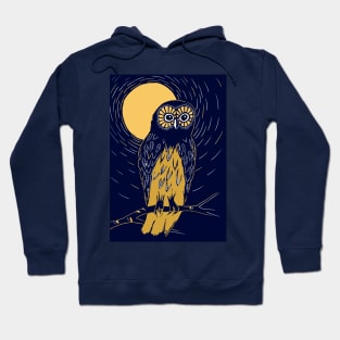 Deep blue and gold linocut of an owl on a moonlit night Hoodie